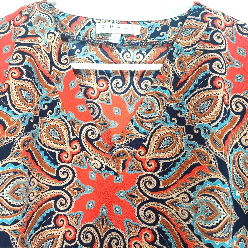 Chaus NY Womens Large Paisley Popover Blouse 3/4 Roll Tab Sleeves V Neck